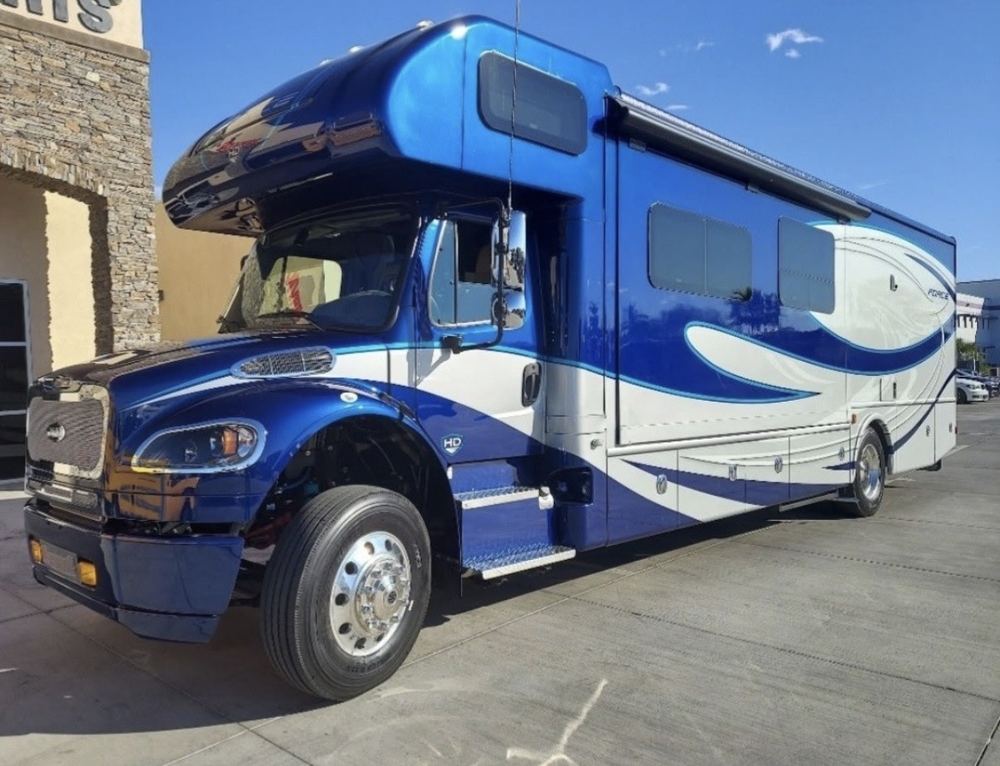 Large blue recreational vehicle